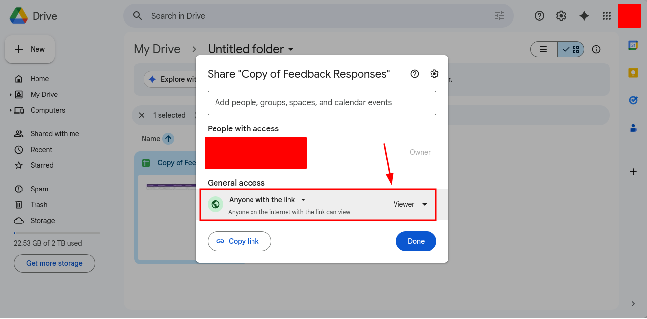 Google Drive share settings confirmed as Anyone with the link with Viewer permission