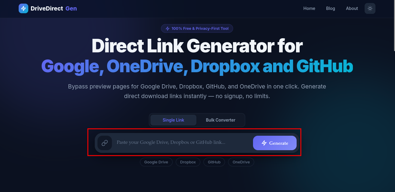 DriveDirect Gen showing a Dropbox link ready to convert