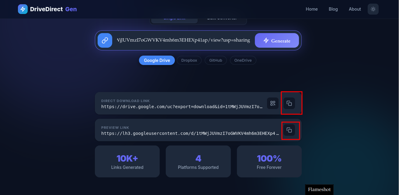 DriveDirect Gen showing a GitHub link conversion